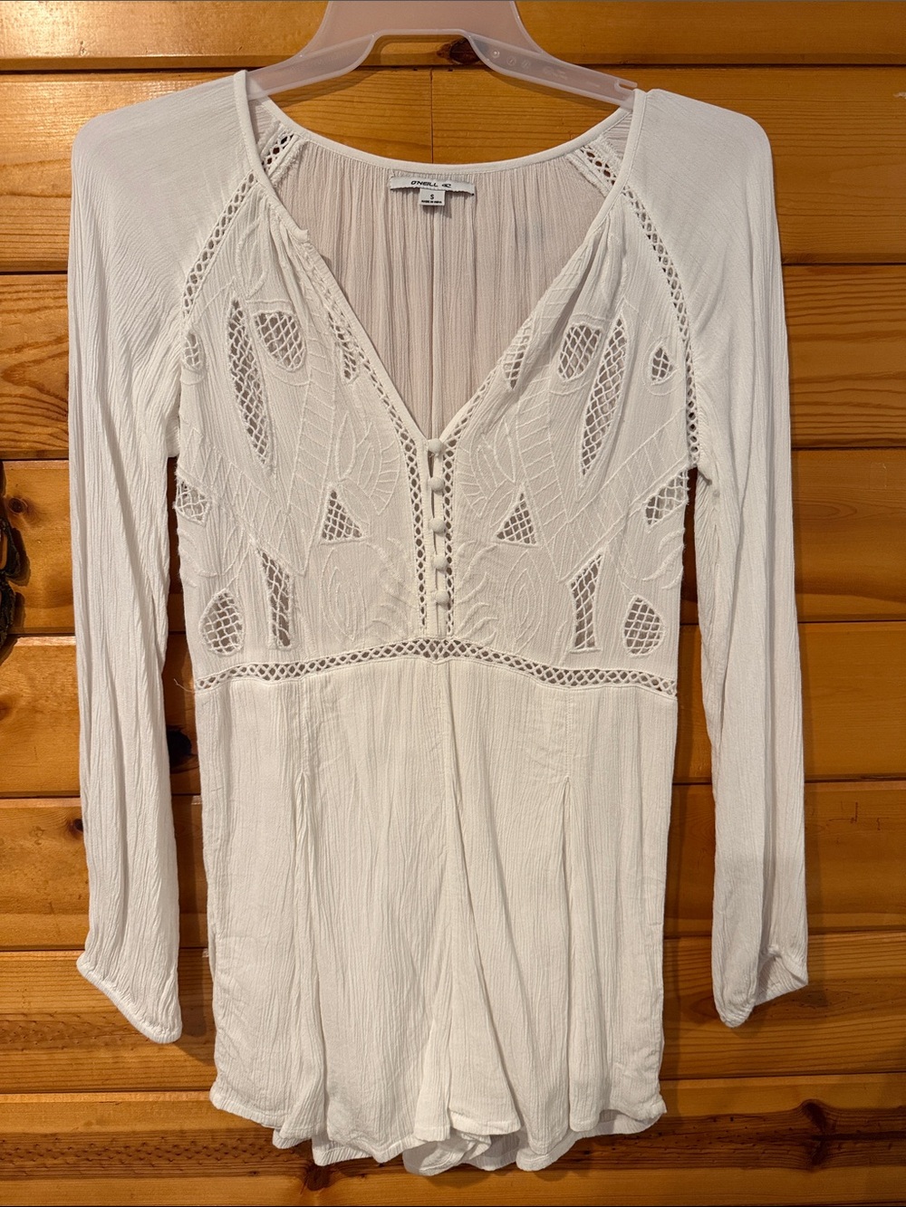 O'Neill White Crochet-Detail Long-Sleeve Tunic
